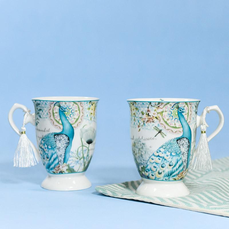 Peacock Design Vintage Tea Cups (Set of 2)