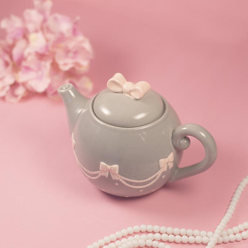Pink & Grey Bow Tea Pot