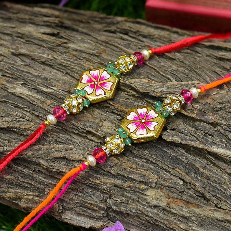Hand Painted Floral Hexagon Rakhi (Set of 2)