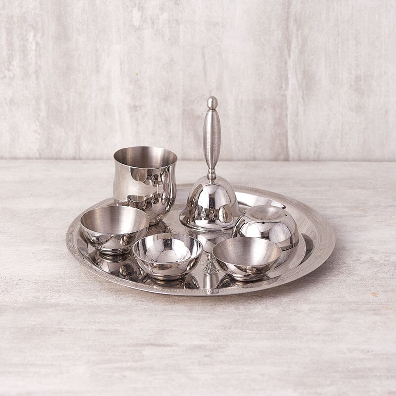 Silver Stainless Steel Pooja Thali Small (Set of 7)