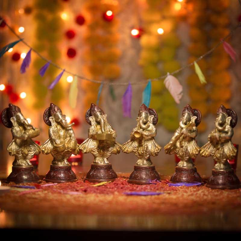 Brass Set of Six Musical Ganesha Idols