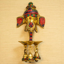 Antique Brass Ganesh Wall Hanging With Deepak & Hanging Bells