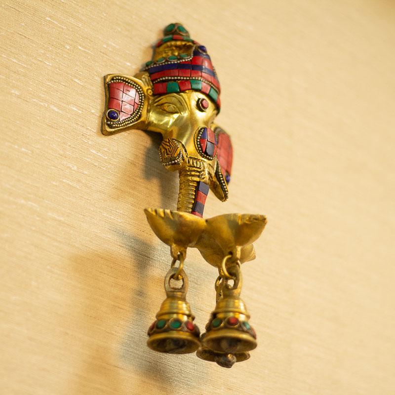 Antique Brass Ganesh Wall Hanging With Deepak & Hanging Bells