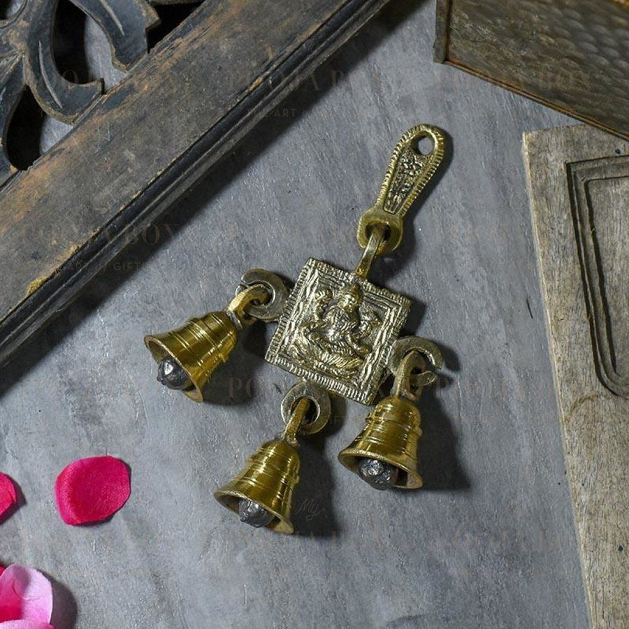 Antique Brass 3 Bells Door/wall Hanging With Laxmi Figurine Bell