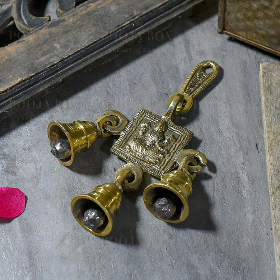 Antique Brass 3 Bells Door/wall Hanging With Laxmi Figurine Bell