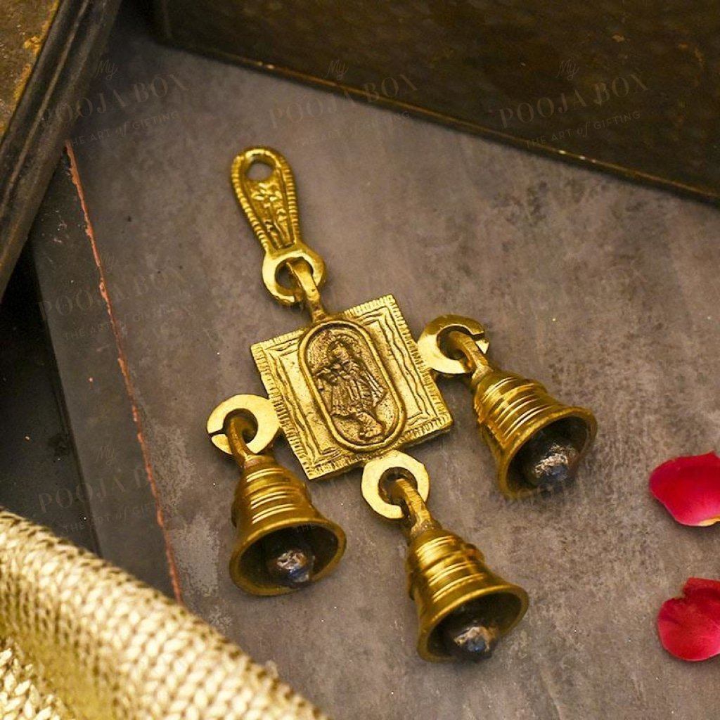 Antique Brass 3 Bells With Krishna Figurine Bell