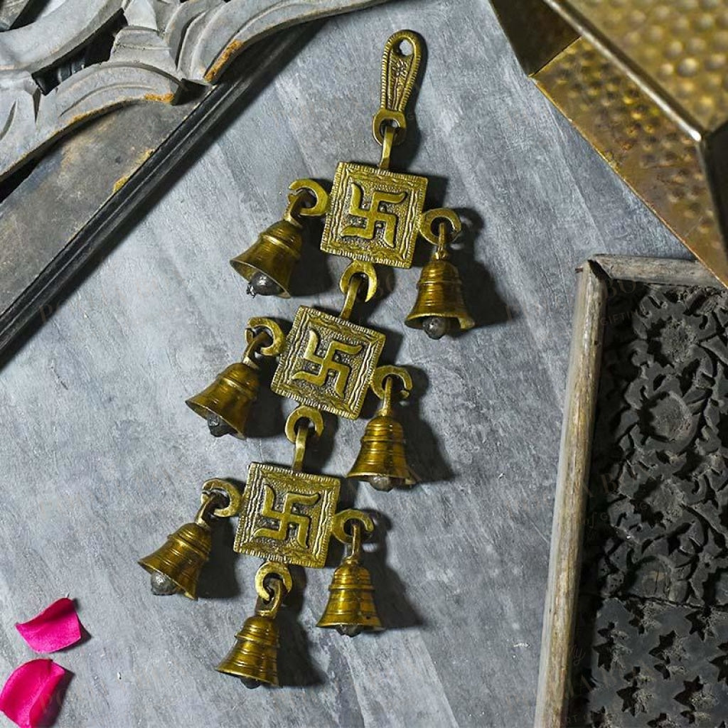 Antique Brass 7 Bell With Swastik Figuring Bell