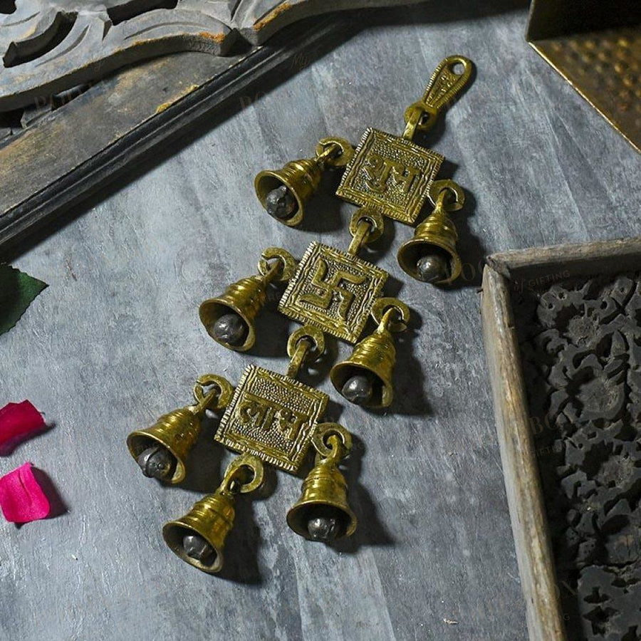 Antique Brass 7 Bells With Shubh Labh Swastik Figurine Bell