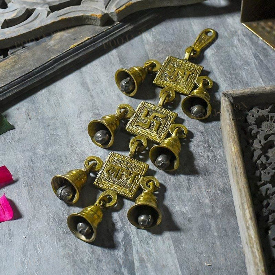Antique Brass 7 Bells With Shubh Labh Swastik Figurine Bell