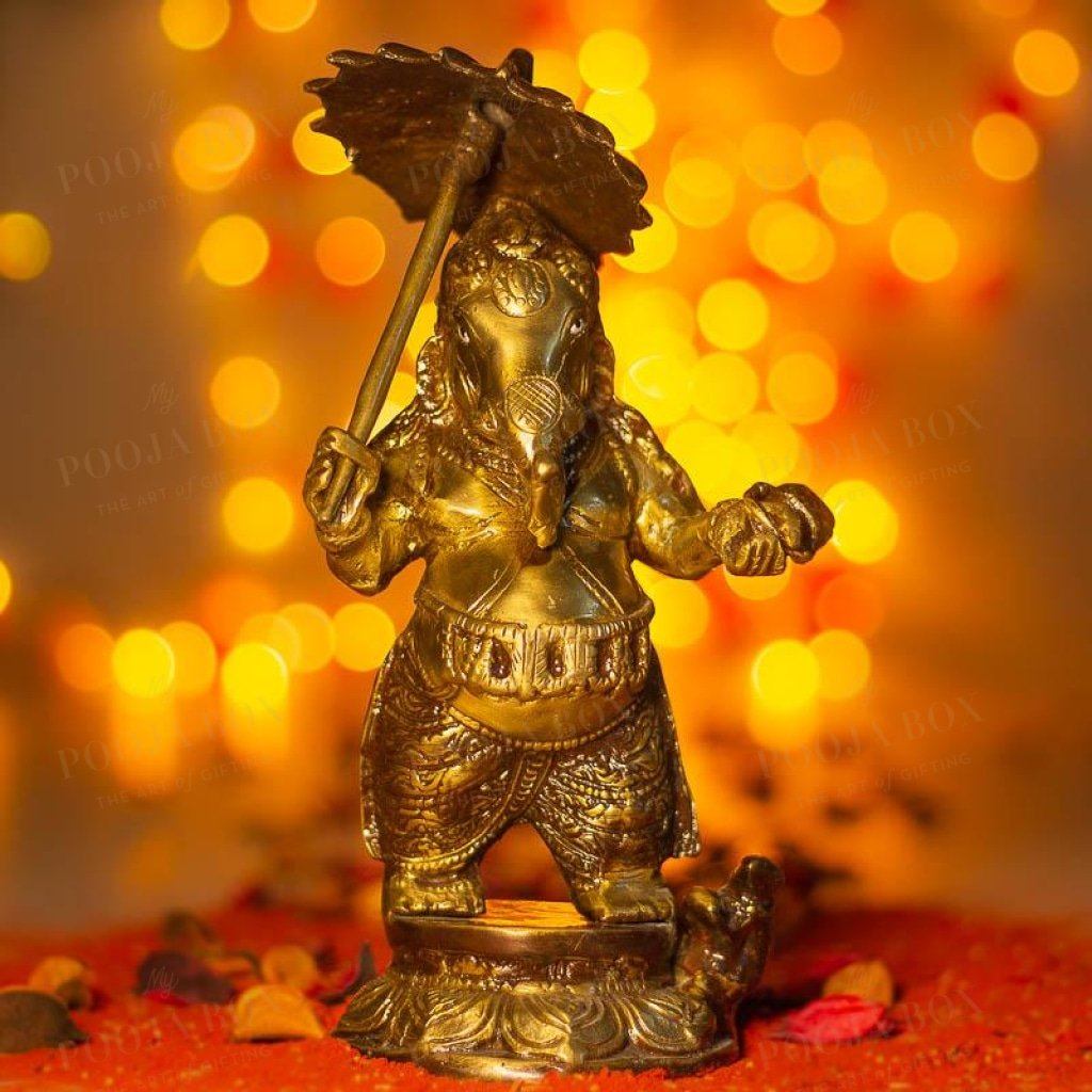 Antique Brass Umbrella Ganesha Idols
