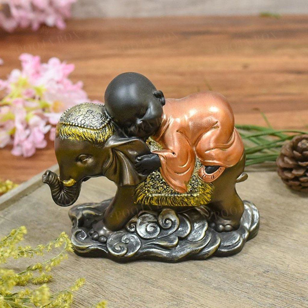 Cute Monk Sleeping On Elephant Showpiece Home Decor