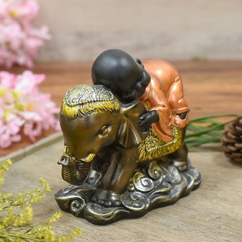 Cute Monk Sleeping On Elephant Showpiece Home Decor