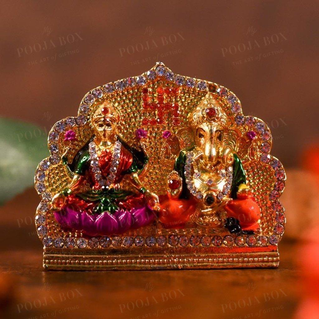 Diamond-Studded Laxmi Ganesh Murti With Swastik Idols