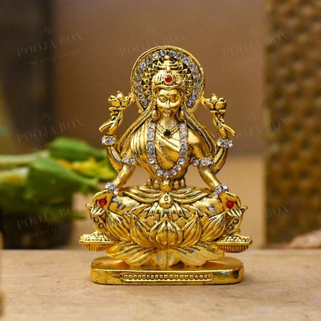 Diamond Studded Laxmi Idol On Lotus For Puja Home Decor Idols