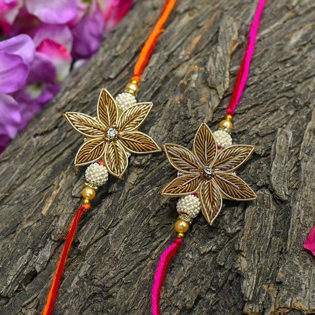 Floral Zardosi Rakhi Set Of 2
