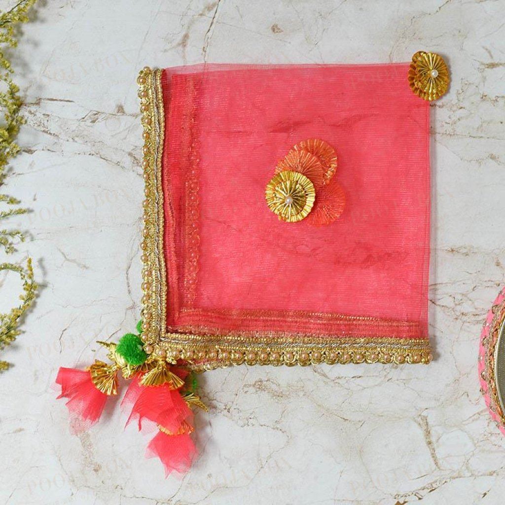 Gold & Peach Beaded Thali Cover Karwa Chauth