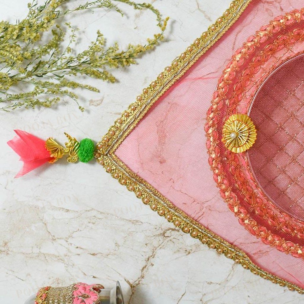 Gold & Peach Beaded Thali Cover Karwa Chauth