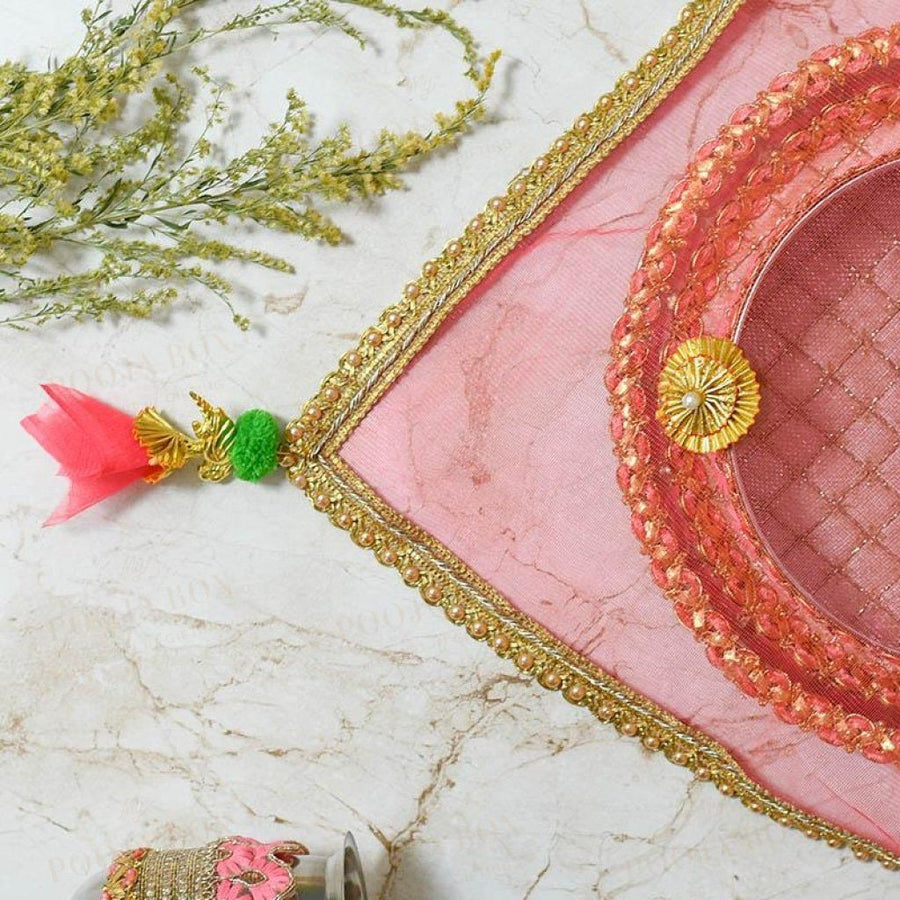 Gold & Peach Beaded Thali Cover Karwa Chauth
