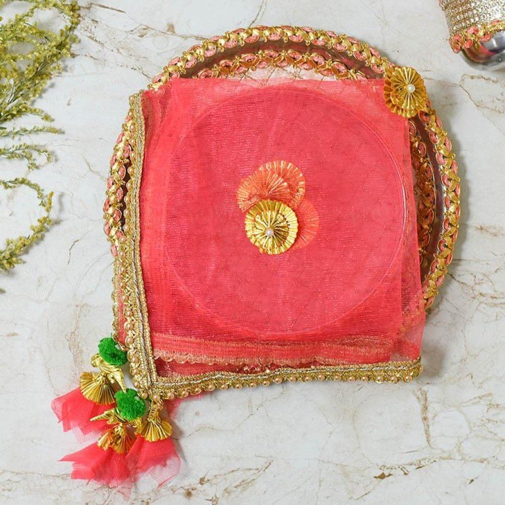Gold & Peach Beaded Thali Cover Karwa Chauth