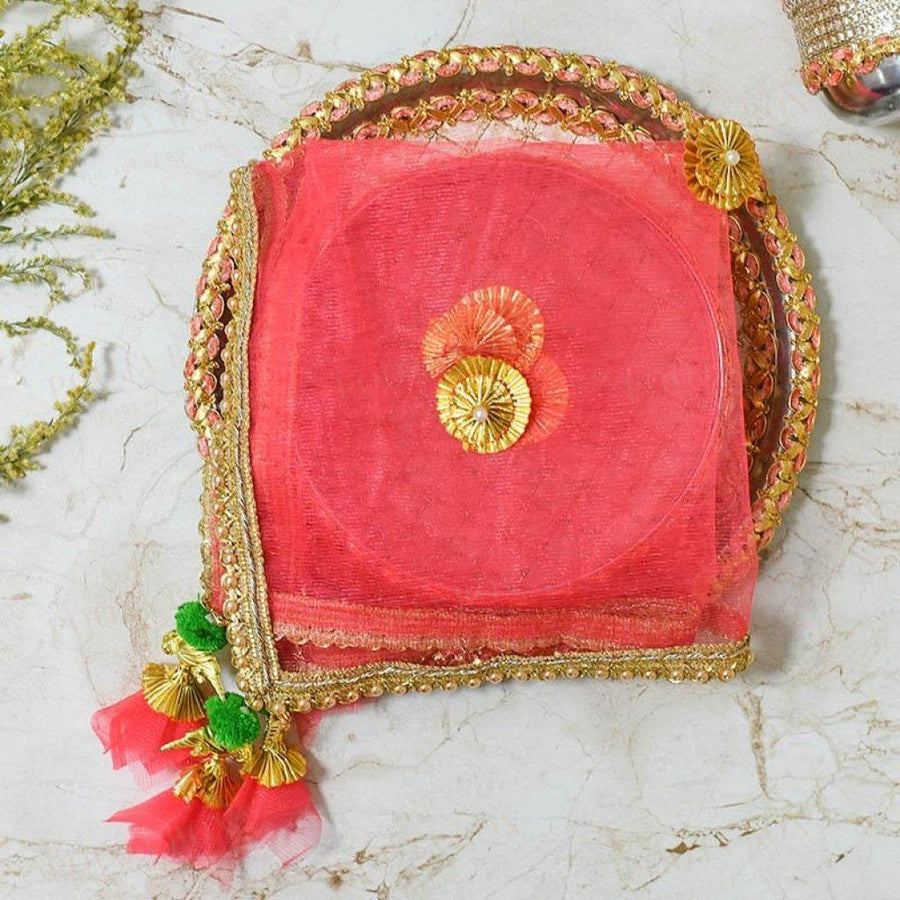 Gold & Peach Beaded Thali Cover Karwa Chauth