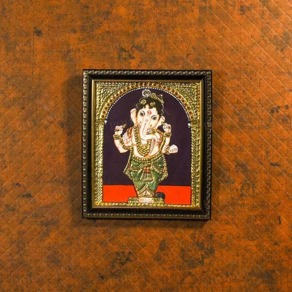 Golden Framed Bal Ganesha Hand-Painted Tanjore Painting Home Decor