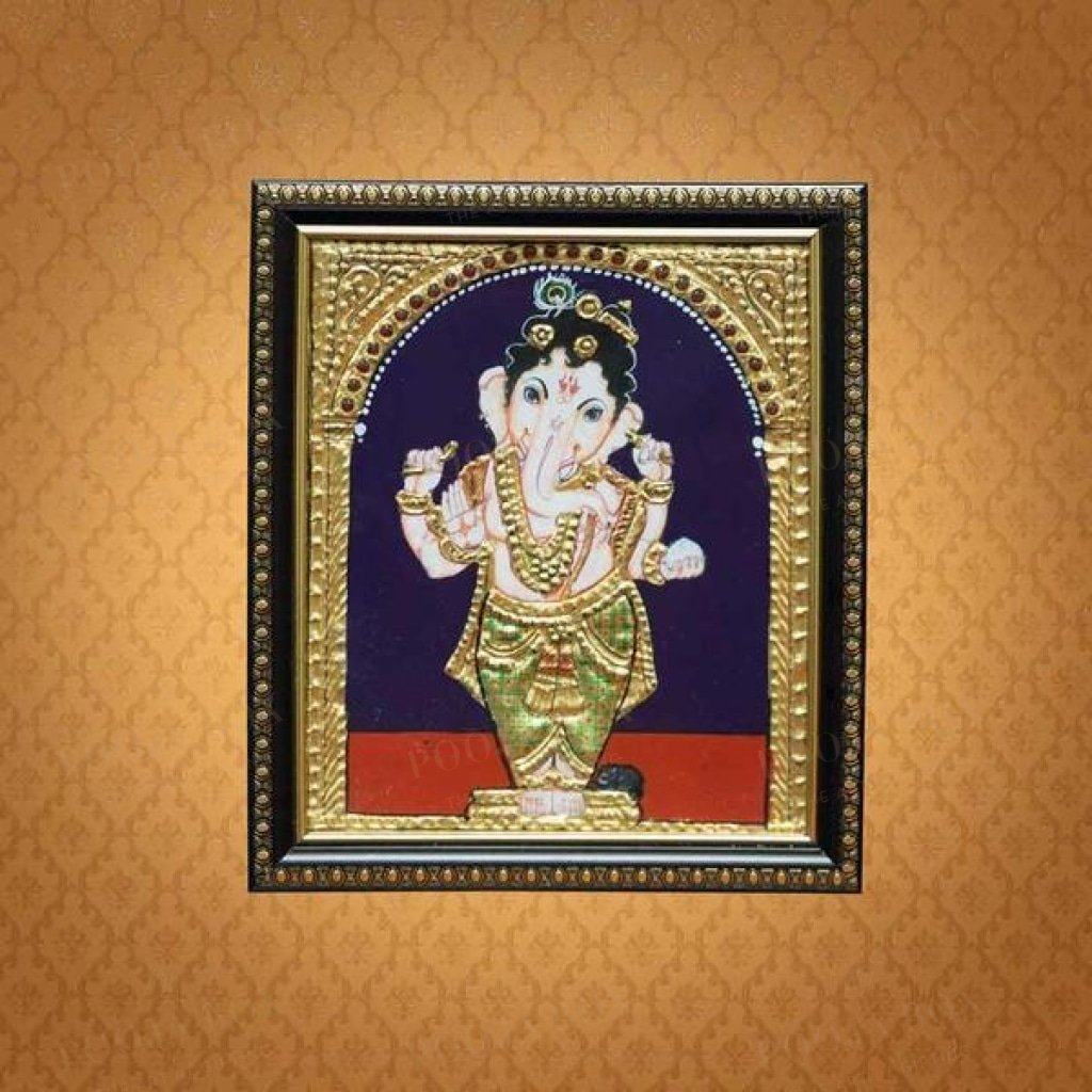 Golden Framed Bal Ganesha Hand-Painted Tanjore Painting Home Decor