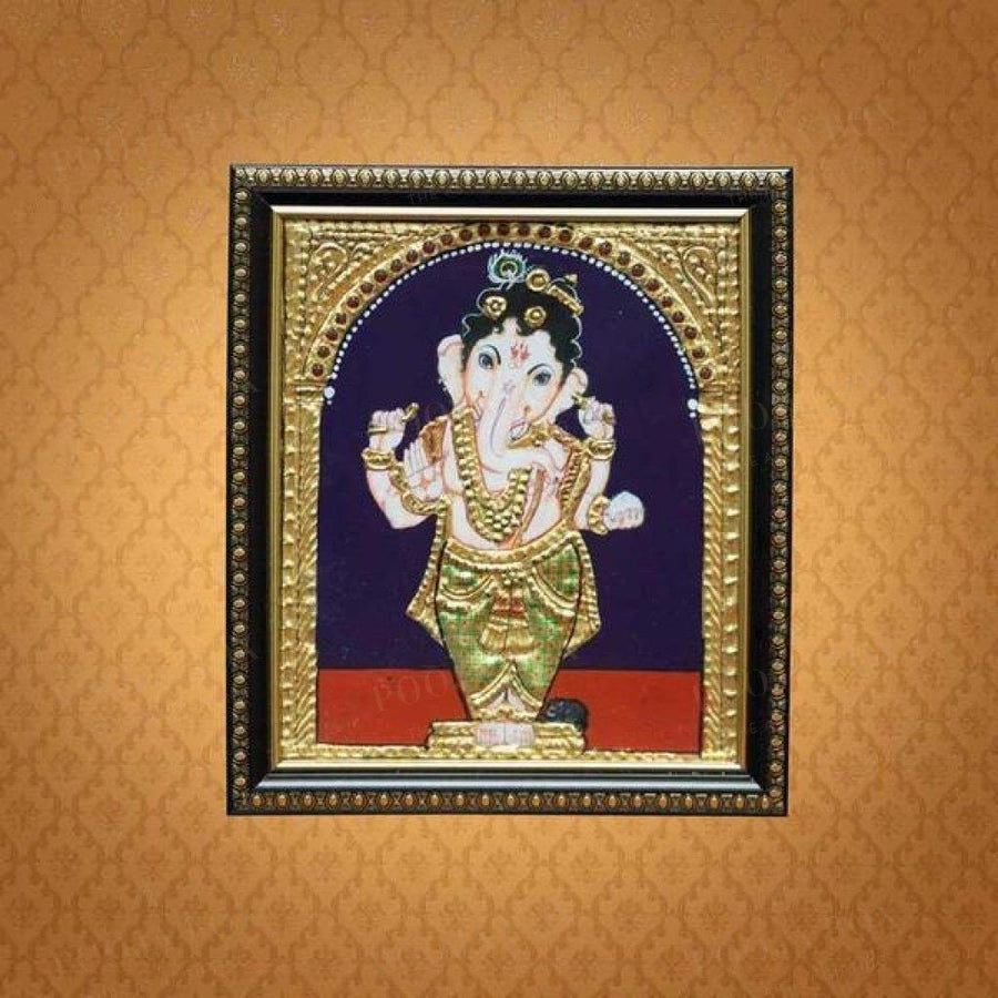Golden Framed Bal Ganesha Hand-Painted Tanjore Painting Home Decor