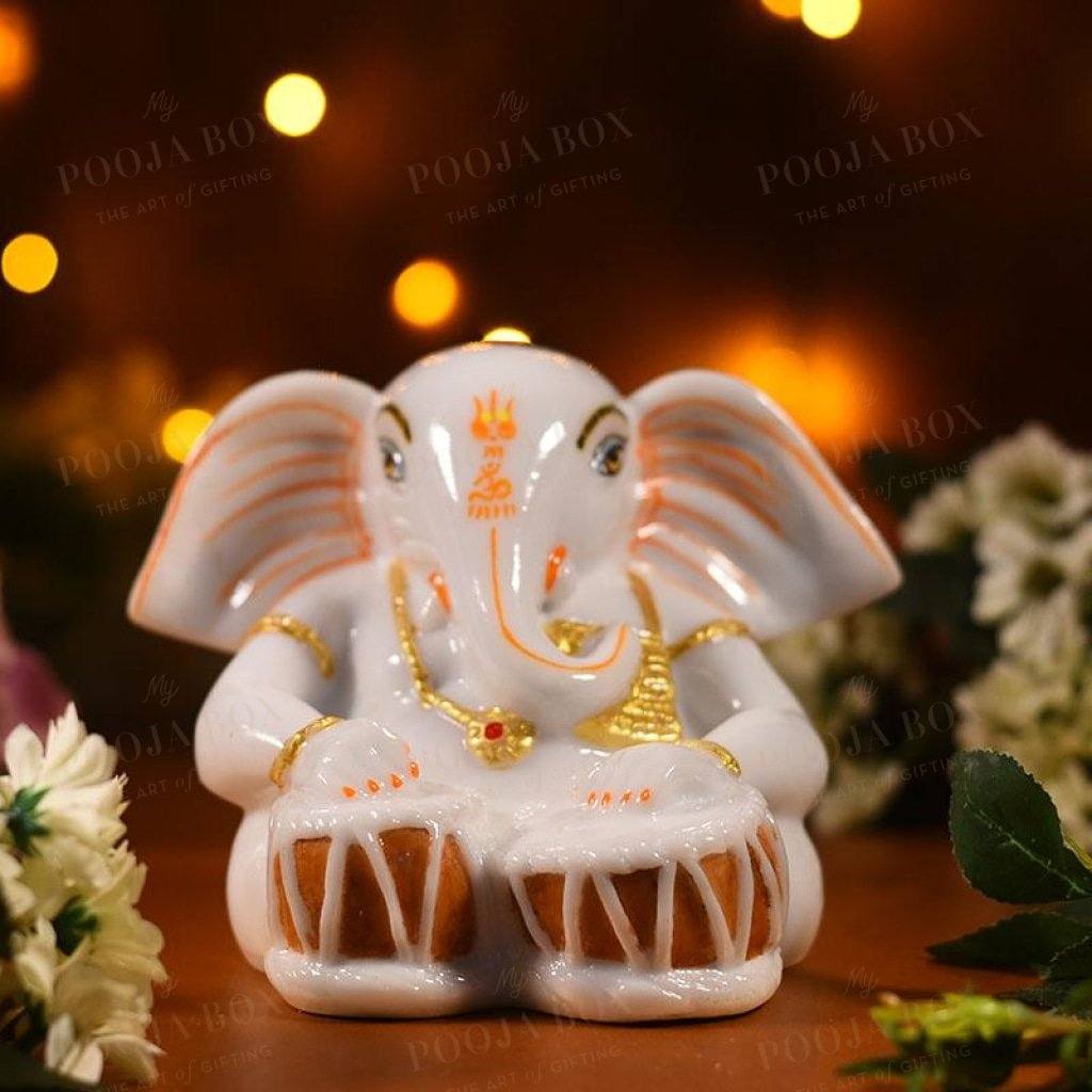 Handcrafted Marble Ganesha Statue Playing Tabla Idols