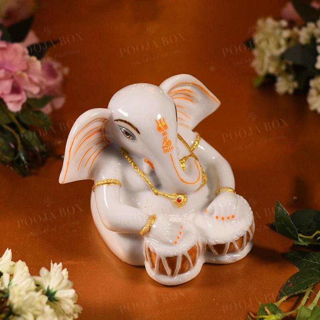 Handcrafted Marble Ganesha Statue Playing Tabla Idols