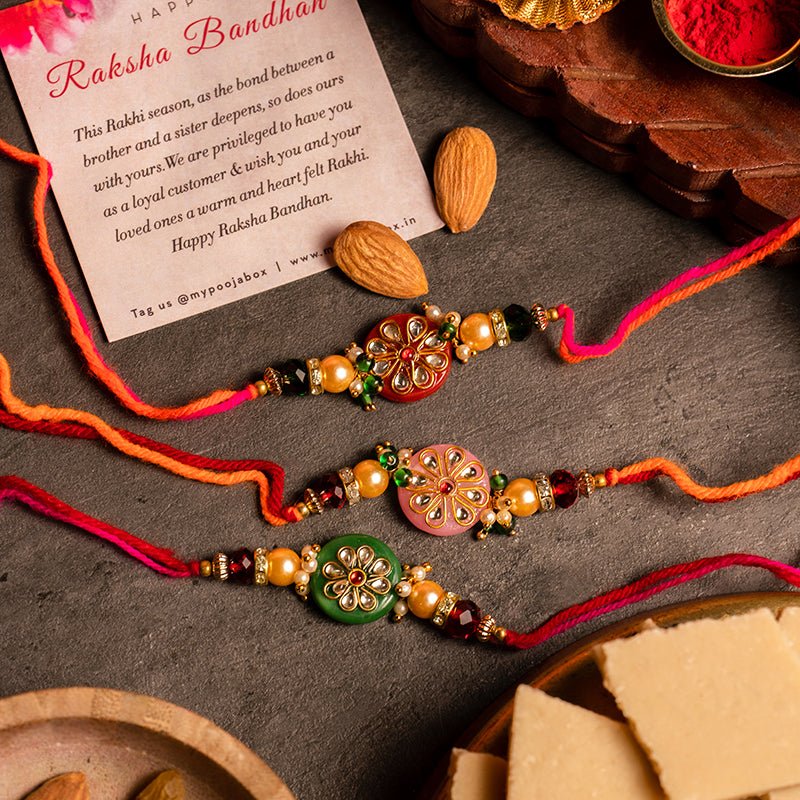 Stunning Round Kundan Rakhi Set of 3