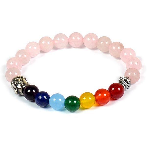 Rose Quartz & 7 Chakra Bracelet with Buddha Head Charm