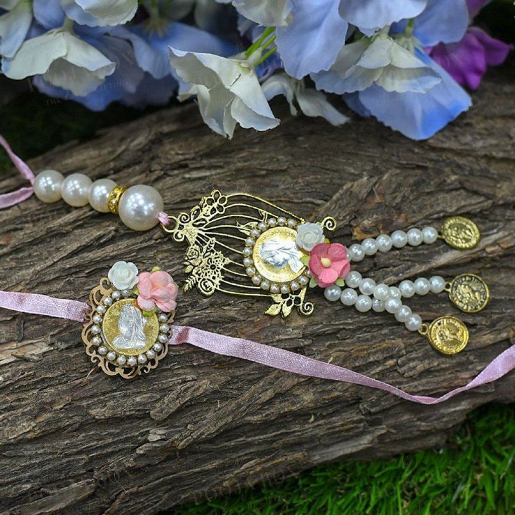 Silver Coin Bejewelled Pink Bhaiya Bhabhi Rakhi Set Of 2