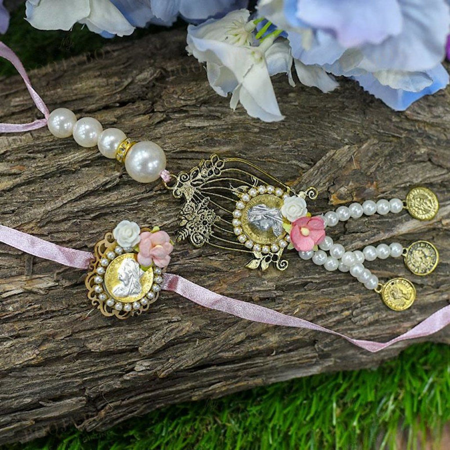 Silver Coin Bejewelled Pink Bhaiya Bhabhi Rakhi Set Of 2