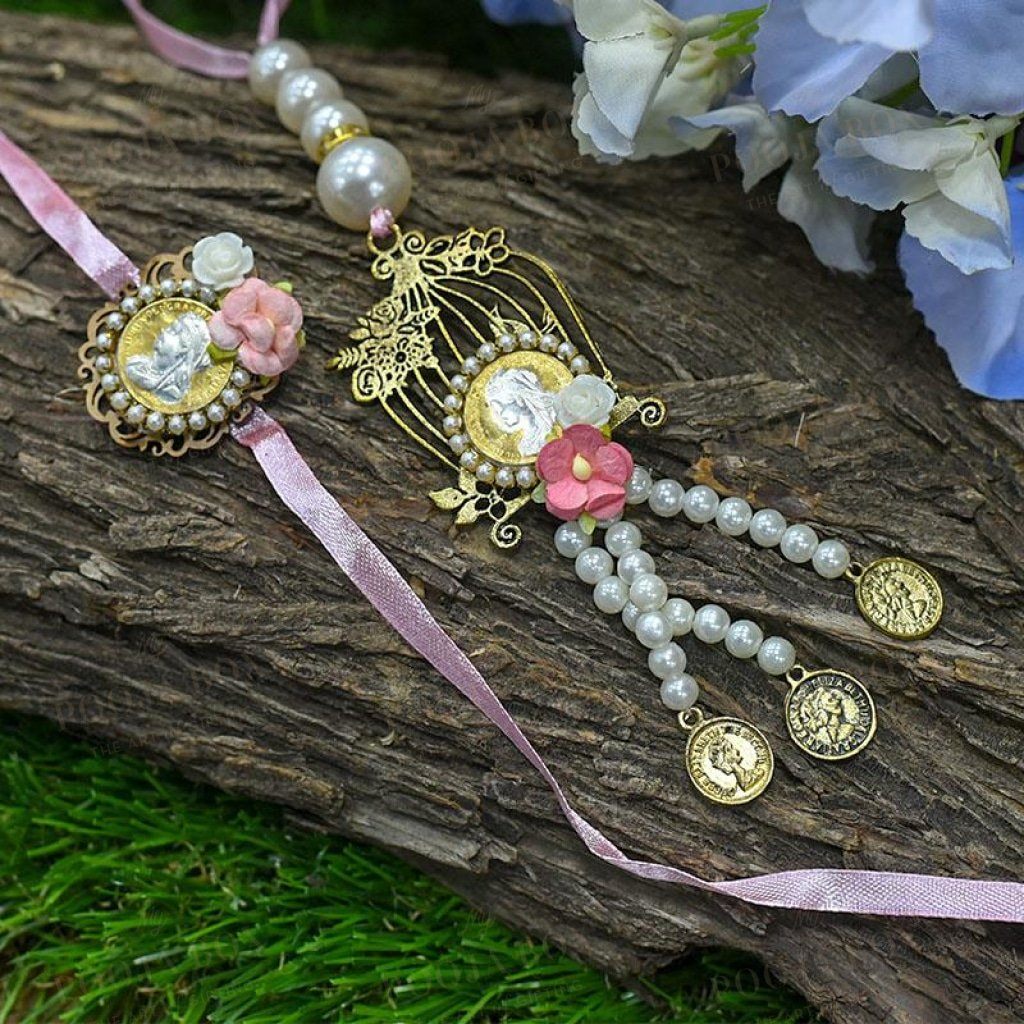 Silver Coin Bejewelled Pink Bhaiya Bhabhi Rakhi Set Of 2