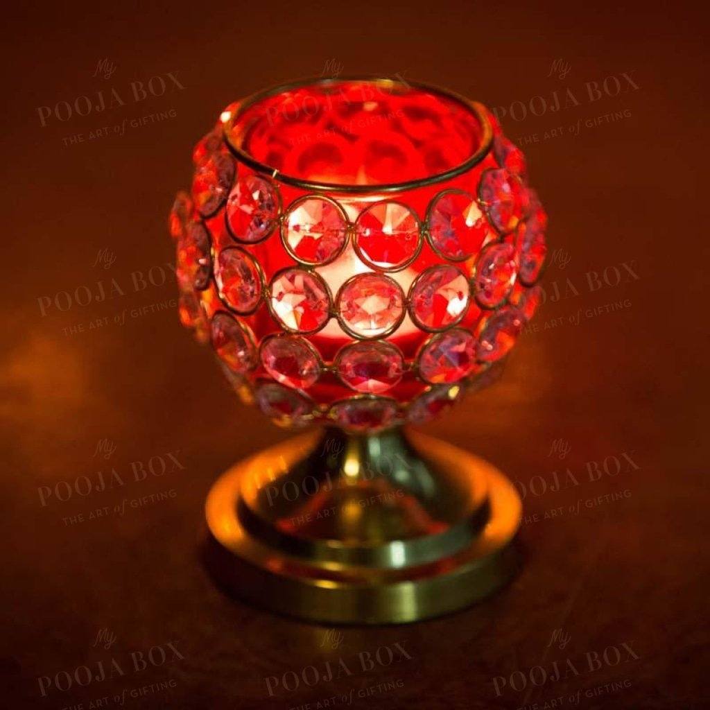 Sparkling Crystal Studded Red Candle Holder