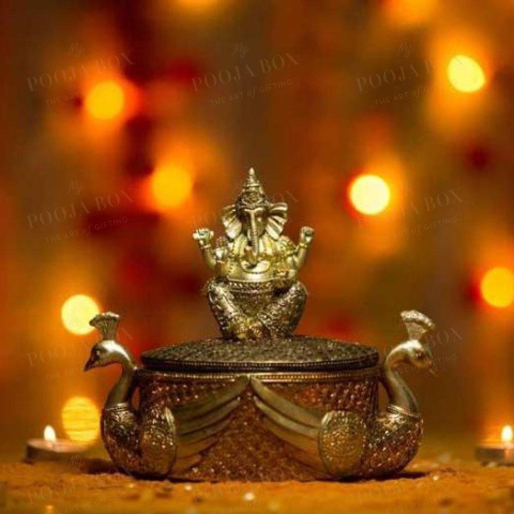 Sparkling Golden Ganesha Showpiece Peacock Figurine Idols